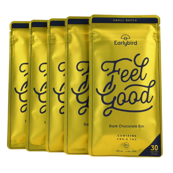 Five Earlybird Dark Chocolate Bars in a row