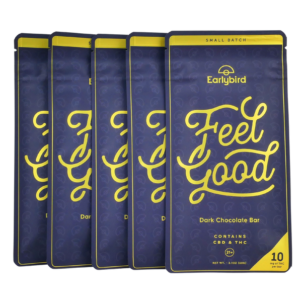 Five Earlybird Dark Chocolate bars in a row