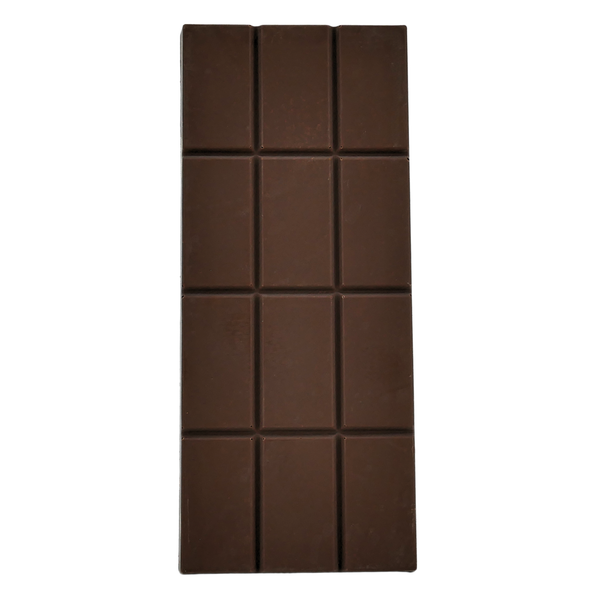 Dark chocolate bar with a grid pattern on a white background