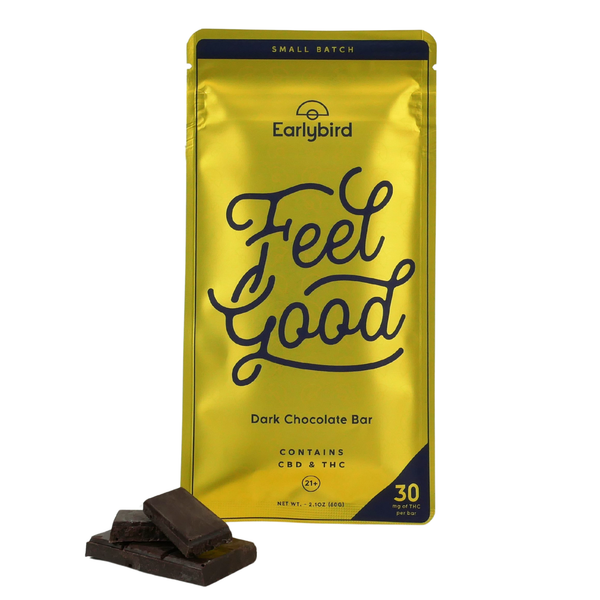Single Earlybird Dark Chocolate bar with chocolate beside packaging